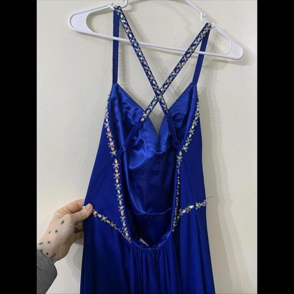 VTG Y2K blue Prom Gown dress rainbow rhinestones women juniors sz 9 fairy halter - Picture 6 of 15